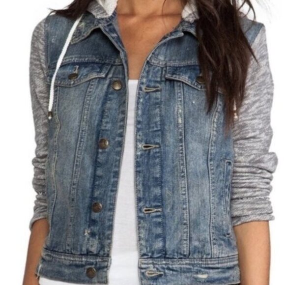 Free People Distressed Denim Gray Knit Sleeves and Hoodie Jacket Med - Picture 7 of 8